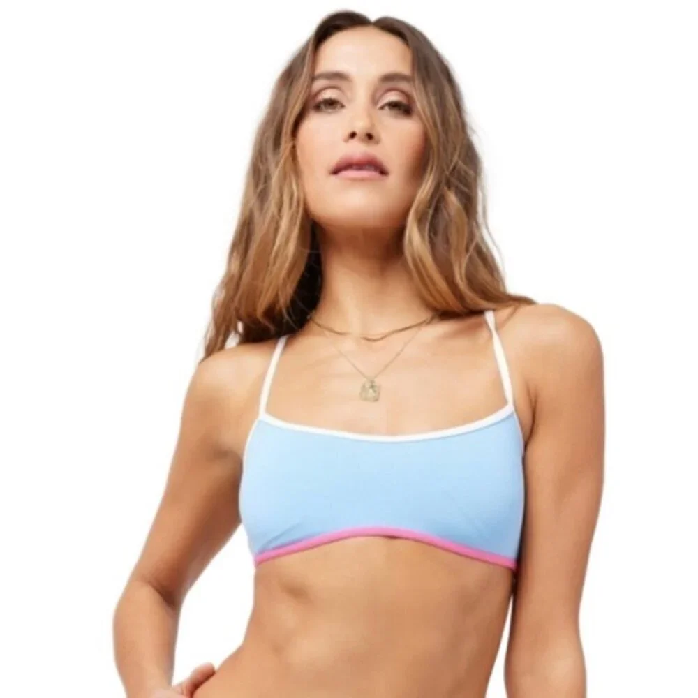 l*space XS Pamela Bikini Top Blue Pink Trim Adjustable Straps NWT MSRP $110